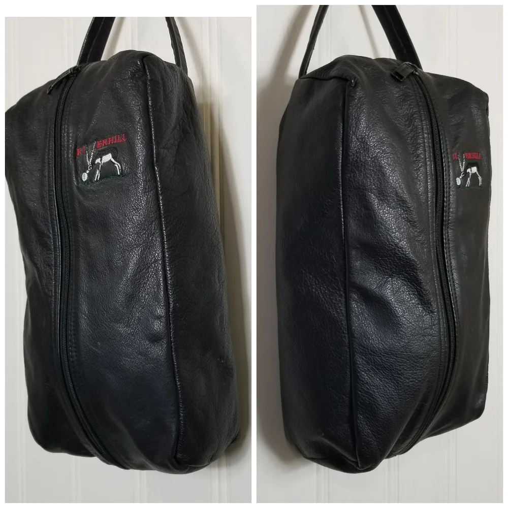 Riverhill Black Leather Pouch Bag Faux Fur Lined Single Handle Logo Zip